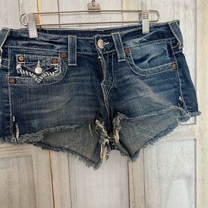 True Religion Cut Off Blue Jean Shorts Distressed Style 2 inch inseam